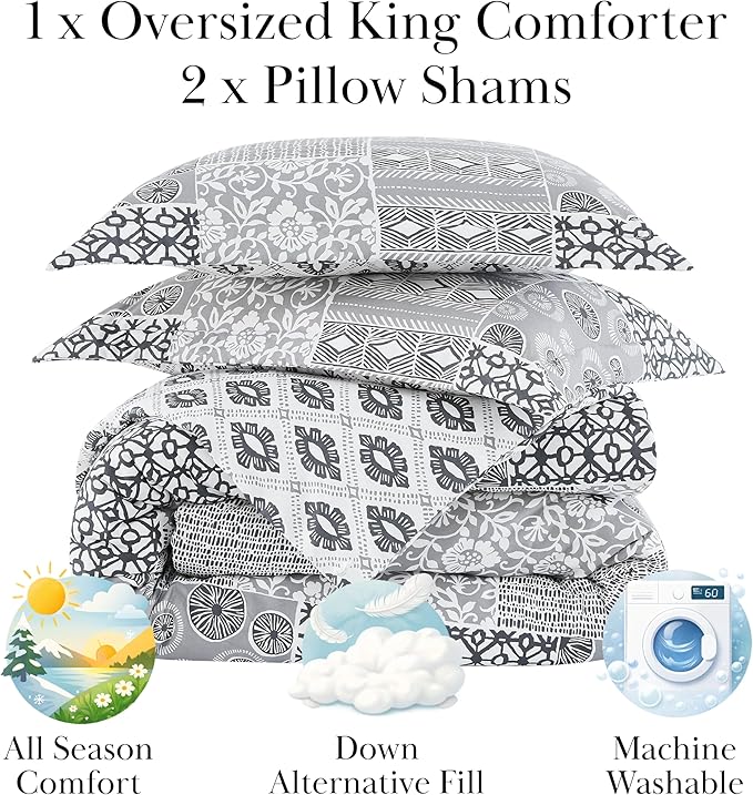 Southshore Fine Living, Inc. King Sized Comforter Set with 2 Pillow Shams, Reversible Bedding Sets - Global Patchwork Quilt - Alternative Down Comforter for Cal/King Mattress, Grey & White