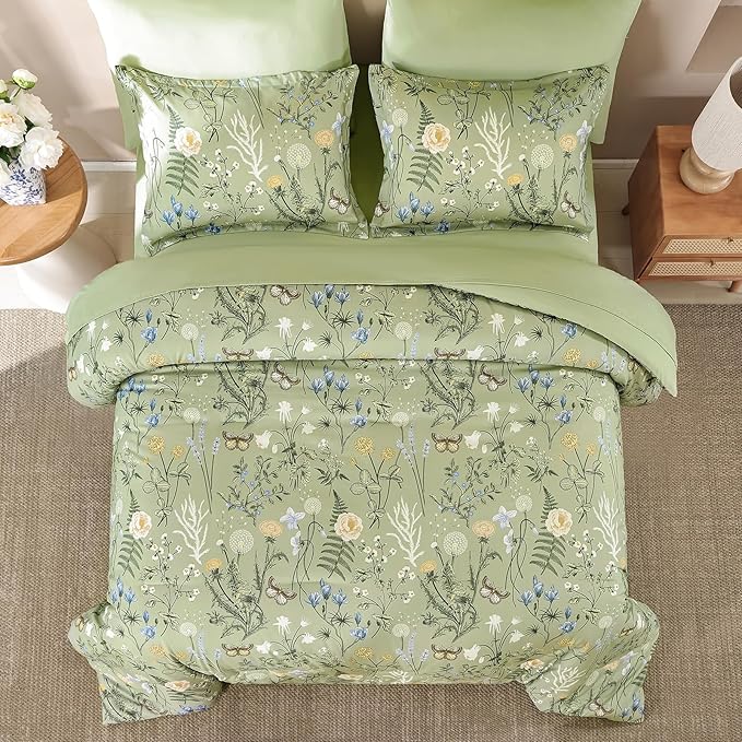 Yiran Sage Green Floral Comforter Set Queen Size, 7 Piece Botanical Comforter Bedding Set, Farmhouse Bed in a Bag, Soft Microfiber Complete Bedding Set with Sheets for All Season