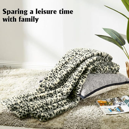 JONIYEAR Soft White Snow Leopard Faux Rabbit Fur Blanket Twin Size 60" x 70",Oversized Luxe Cozy Fluffy Cheetah Blankets for Sofa,Reversible Fuzzy Warm Animal Printed Blanket for Women Winter,Washable