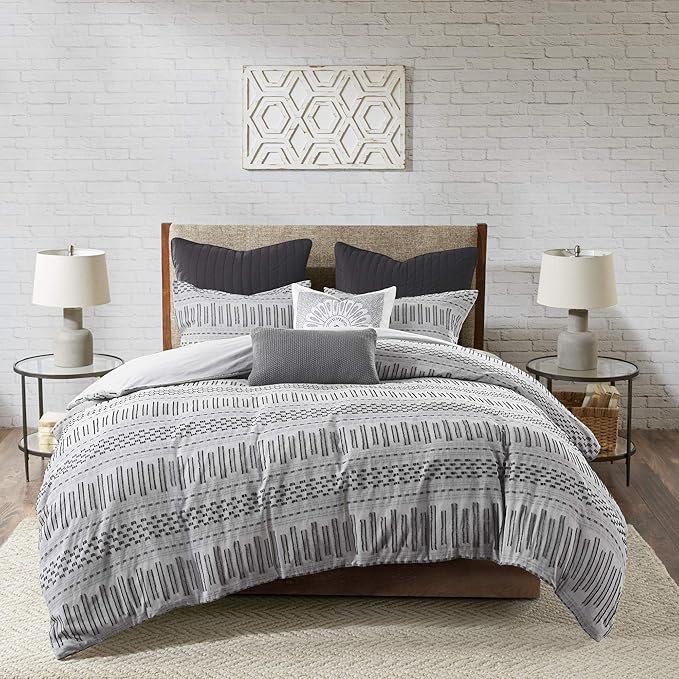 INK+IVY Rhea 100% Cotton Duvet Set Mid Century Modern Boho Design, All Season Comforter Cover Bedding Set, Matching Shams, King/Cal King, Geometric Clipped Jacquard Grey 3 Piece