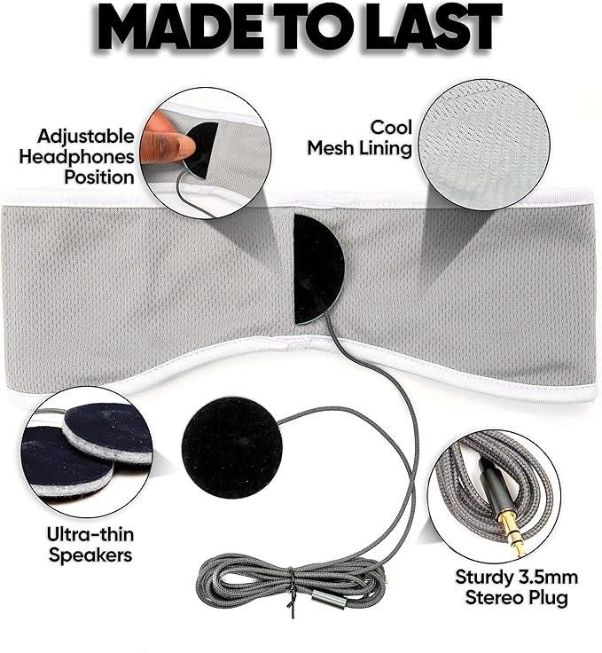 CozyPhones Sleep Headphones - Over Ear Headphones from Ultra Thin Cool Mesh Wired for Side Sleepers, Meditation, Running, Laptop, and Phone - White