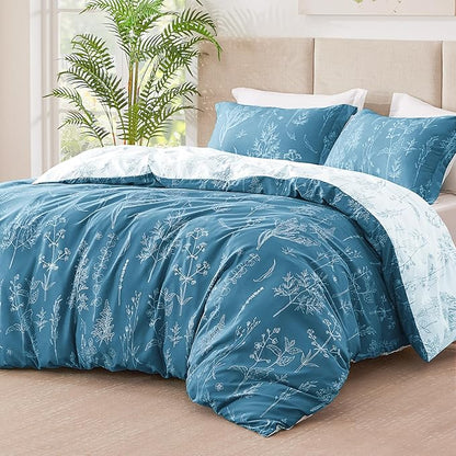 Love's cabin Mineral Blue Full Comforter Set - Full Size Comforter Set, 3 Pieces Cute Floral Bedding Sets for All Seasons,1 Soft Reversible Botanical Flowers Comforter and 2 Pillow Shams