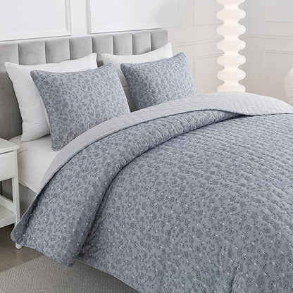 Soul & Lane Blue Whisper Cotton Quilt Set - Queen Size with 2 Shams, Geometric Quilted Comforter, Lightweight Modern Diamond Bedspread in Blue Tones, Diamond Stitched Bedding