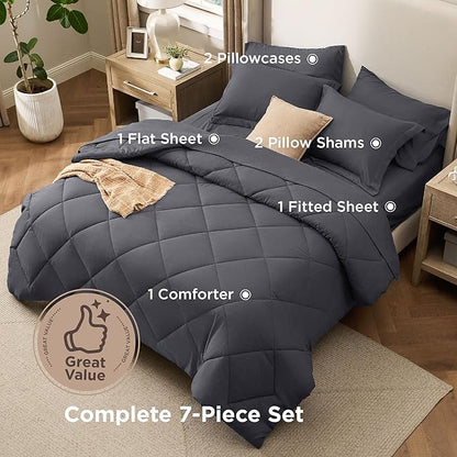 Bedsure 7 Pieces Full Comforter Set Premium Series, Hotel Luxury Soft Bed in a Bag, Goose Down Alternative, Safe for Sensitive Skin Bedding Comforter All Season Medium Warmth, Dark Grey Full Size