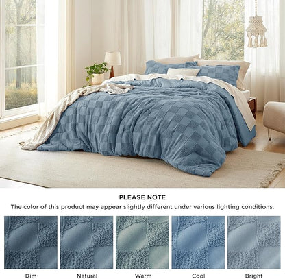 Bedsure Queen Size Comforter Set Mineral Blue, Boho Tufted Bed Set, Checkered Farmhouse Shabby Chic Bedding, 3 Pieces, 1 Plaid Geometric Comforter and 2 Pillow Shams