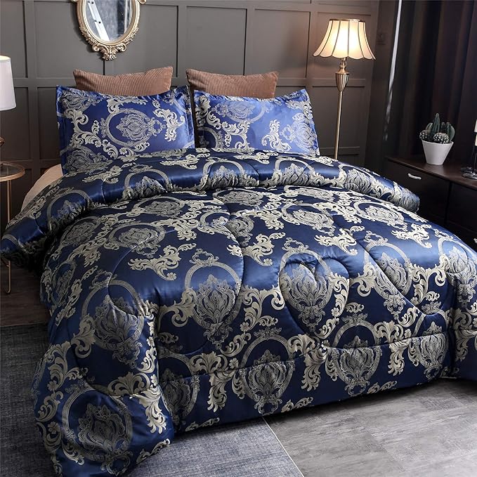 King Comforter Set Silk Blanket All Season Bed Comforter King Set Royal Blue Jacquard Quilt Soft Microfiber Bedding Sets Matching 2 Pillow Shams(King, 104x90 inches)