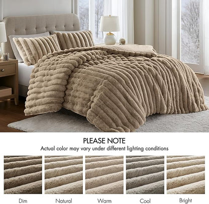 Madison Park Jasmine Queen Comforter Set, Luxurious Reversible Faux Fur Plush Ribbed Velvet Bedding, Fuzzy Thick Warm Winter Comforter, Super Soft Fluffy 3-Piece Set Taupe