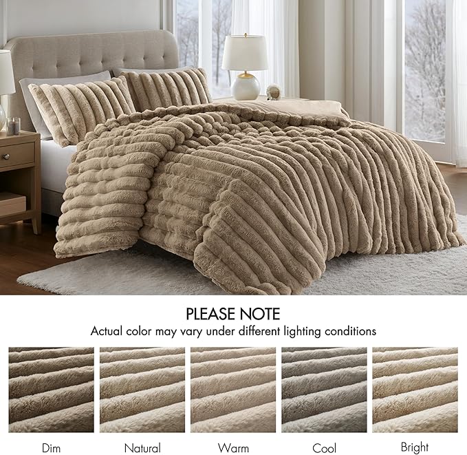 Madison Park Jasmine King Comforter Set, Luxurious Reversible Faux Fur Plush Ribbed Velvet Bedding, Fuzzy Thick Warm Winter Comforter, Super Soft Fluffy 3-Piece Set Taupe