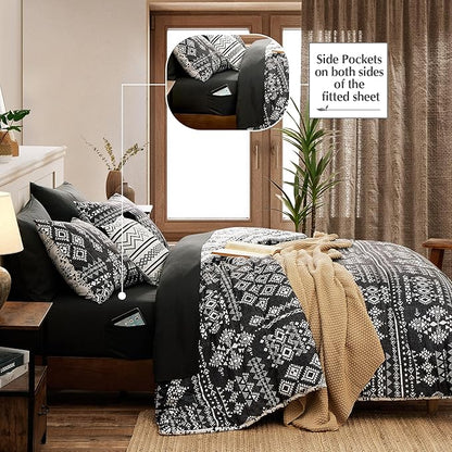 Geniospin Full Comforter Set - 7 Pieces Bed in a Bag, Comfortable Western Bedding Sets for All Seasons, Lightweight Soft Boho Comforter Bed Set with Sheets, Pillowcases & Shams