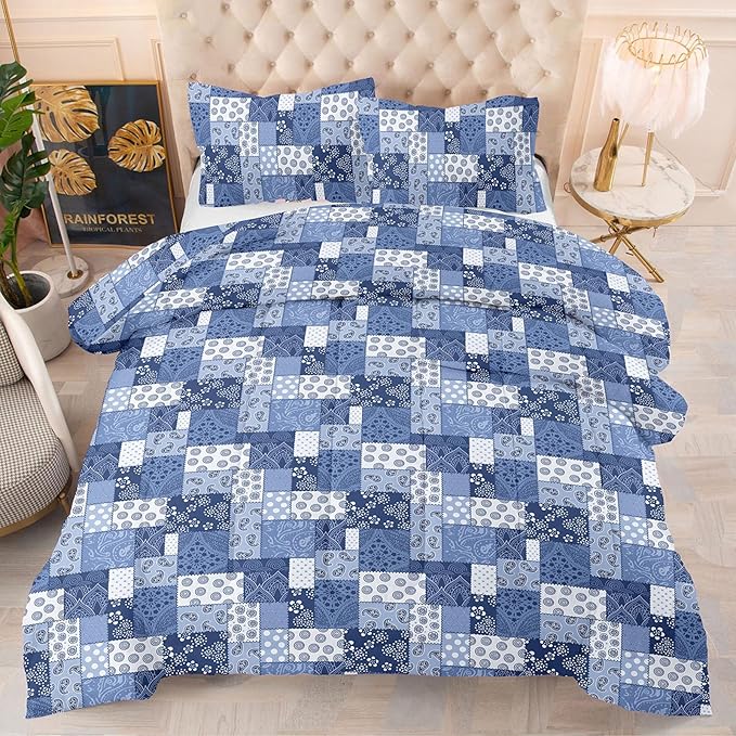 HighBuy Vintage Jacquard Comforter Sets Full Size Dark Blue Geometric Medallion Bedding Sets 3 PC Modern Comforters Fluffy with 2 Pillowcases for Full Bed Chic Fluffy Hotel Comforter Set
