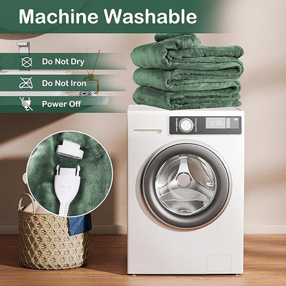Electric Heated Blanket Queen Size 84"x90", Soft Plush Microplush for Bed, Dual Controllers & Heating Zones, 10Hs Auto Off & 4 Heating Levels, Machine Washable, Gifts for Family-Sage Green