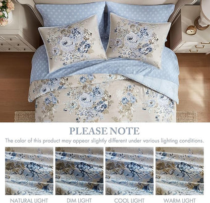 Madison Park Essentials Floral Comforter Set King Size, Vintage Flower Bedding Set with Sheet Set, 7 Pieces Bed in a Bag with Reversible Botanical Comforter, Pillowcases & Shams, Heather, Beige/Blue