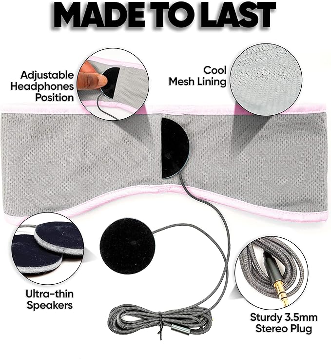 CozyPhones Sleep Headphones - Over Ear Headphones from Ultra Thin Cool Mesh Wired for Side Sleepers, Meditation, Running, Laptop, and Phone - Pink Lycra