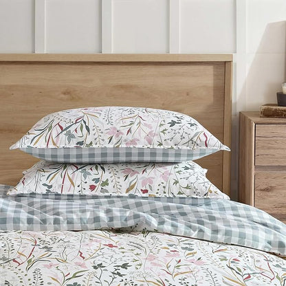 Eddie Bauer - Twin Comforter Set, Reversible Cotton Bedding with Matching Sham, Floral Print with Plaid Reverse, Medium-Weight, Dorm Essentials (Woodland Forest Grey)