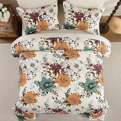 Xruibed Floral Comforter Set King Size 7 Pieces, Beige Orange Bed in a Bag Flower Comforter Set with Sheet, Pillowcases, Pillowshams, Soft Microfiber Bedding Set for All Season (King 104''x90'')