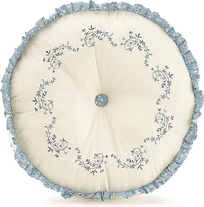 Modern Heirloom Blue Floral Embroidered Round Decorative Pillow, 14" Round