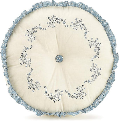 Modern Heirloom Blue Floral Embroidered Round Decorative Pillow, 14" Round