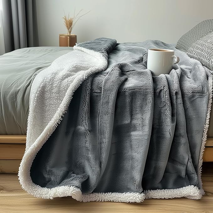 Waterproof Throw Blanket - Sherpa Fleece Reversible Cover, Soft Warm Leak-Proof Bed & Couch Protector for Kids, Pets & Everyday Spills (Velvet Gray/Cloud White, Throw 50x60