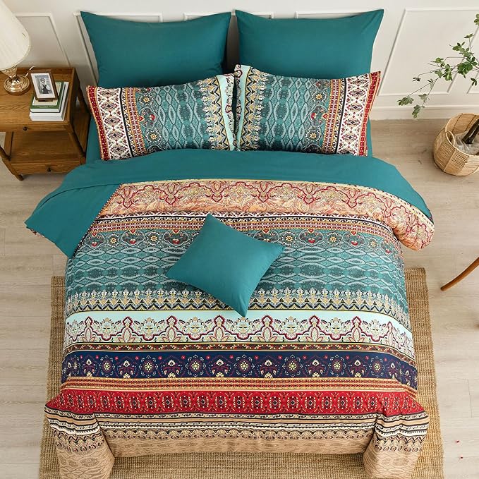 Cottolester Boho King Size Comforter Set 8 Pieces,Green and Brown Bohemian Striped Bed in a Bag,Floral Soft Microfiber Bedding Comforter Set