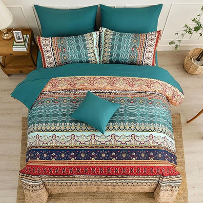 Cottolester Boho King Size Comforter Set 8 Pieces,Green and Brown Bohemian Striped Bed in a Bag,Floral Soft Microfiber Bedding Comforter Set