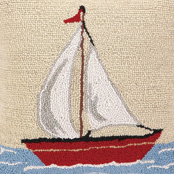 Sailboat Wool Hook Pillow for Lake or Beach House by The Pillow Shoppe, 16" Square