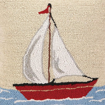Sailboat Wool Hook Pillow for Lake or Beach House by The Pillow Shoppe, 16" Square
