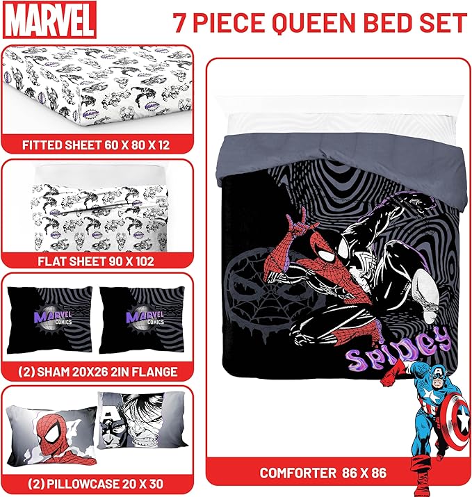 Jay Franco Kids Comforter Set Includes Sheets and Pillow Covers - Soft and Cozy Bed Set for Stylish Room Decor, Black - Marvel Comics, 7 Piece Queen Size Bedding