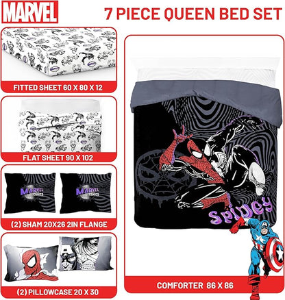 Jay Franco Kids Comforter Set Includes Sheets and Pillow Covers - Soft and Cozy Bed Set for Stylish Room Decor, Black - Marvel Comics, 7 Piece Queen Size Bedding