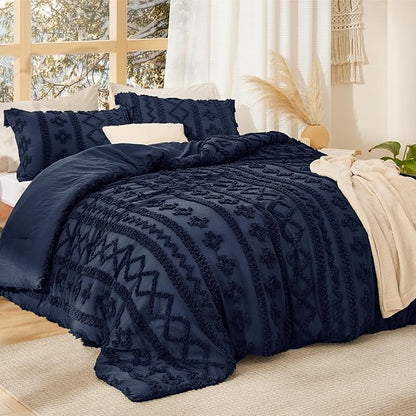 Bedsure Tufted Boho Comforter Set Twin Size - Navy Boho Bed Set, GentleSoft™ 2 Pieces Farmhouse Shabby Chic Embroidery Bedding, Gifts for Woman, Soft Jacquard Twin Comforter for All Seasons
