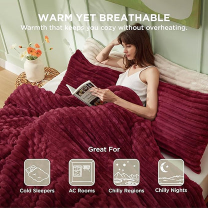 Bedsure King Size Comforter Set - GentleSoft™ 3 Pieces Fluffy Double-Side Fleece Comforter Set, Cozy Striped Room Decor Aesthetic, Luxury Red King Bedding with 2 Pillowcases, 104x90 Inches