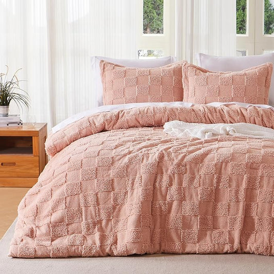 Joiedomi Tufted King Size Comforter Set, 3 Pieces Coral Pink Boho King Bedding Set with 1 Plaid Geometric Comforter and 2 Pillow Shams, Checkered Bed in a Bag for All Seasons