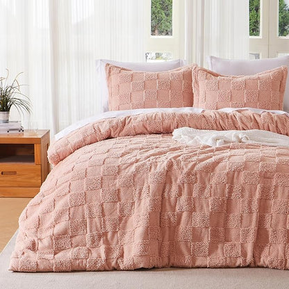 Joiedomi Tufted California King Comforter Set, 3 Pieces Coral Pink Boho California King Bedding Set with 1 Plaid Geometric Comforter and 2 Pillow Shams, Checkered Bed in a Bag for All Seasons