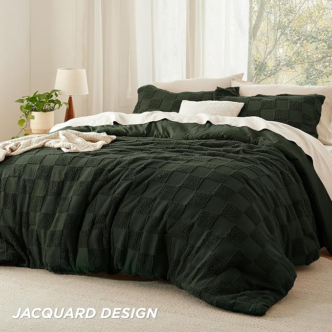 Bedsure Full Size Comforter Set Dark Olive Green, Boho Tufted Bed Set, Checkered Farmhouse Shabby Chic Bedding, 3 Pieces, 1 Plaid Geometric Comforter and 2 Pillow Shams