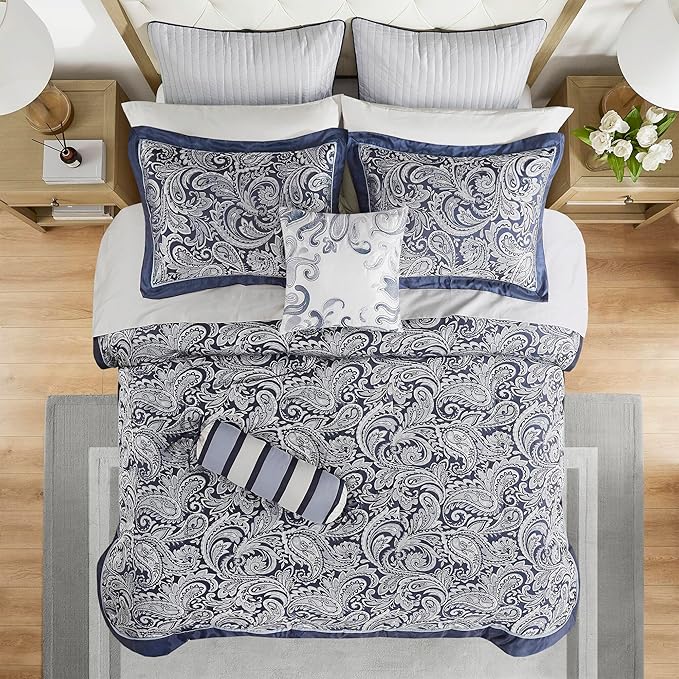 Madison Park Aubrey Cozy Comforter Set, Faux Silk Jacquard Paisley Design - All Season Down Alternative Bedding with Cotton Bed Sheets, Bed Skirt & Toss Pillows, King Navy 12 Piece