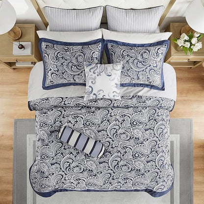 Madison Park Aubrey Cozy Comforter Set, Faux Silk Jacquard Paisley Design - All Season Down Alternative Bedding with Cotton Bed Sheets, Bed Skirt & Toss Pillows, Queen Navy 12 Piece