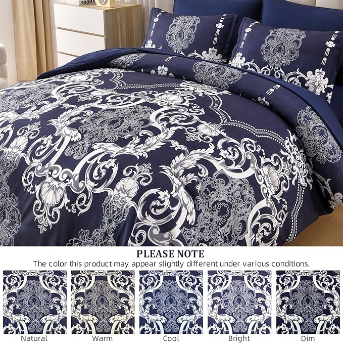 Mybedsoul Navy Blue Queen Comforter Set, 7 Pieces Boho Bed in a Bag for Queen Bed, Damask Comforter with Sheets Pillowcases, Soft Microfiber Lightweight Bedding Sets for All Season(90"x90")