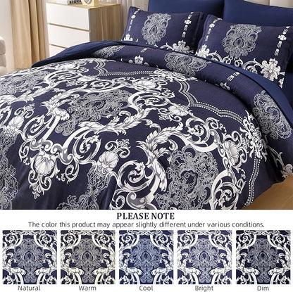 Mybedsoul Navy Blue Queen Comforter Set, 7 Pieces Boho Bed in a Bag for Queen Bed, Damask Comforter with Sheets Pillowcases, Soft Microfiber Lightweight Bedding Sets for All Season(90"x90")