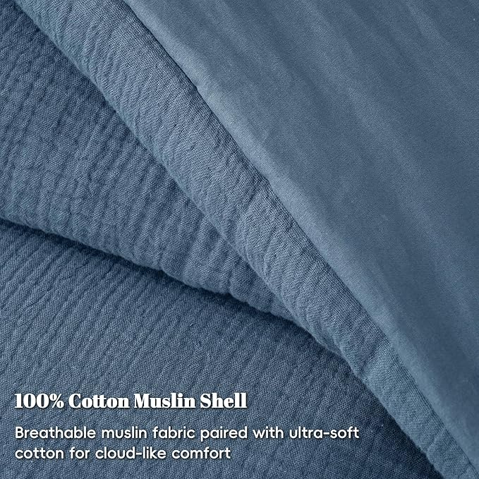 PHF Cotton Muslin Comforter Set Queen Size, Ultra Soft, Breathable & Lightweight All-Season, Filling: 100% Polyester, 3 Pieces with 1 Comforter 90"x90" and 2 Pillow Shams 20"x26", Captain's Blue