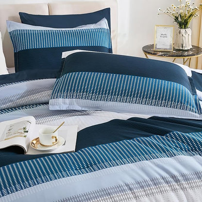 Andency Queen Comforter Set Navy - 7 Pieces Striped Bed in a Bag, Soft Microfiber All Season Patchwork Bedding Set with Comforter, Fitted & Flat Sheet, Pillowcases & Shams