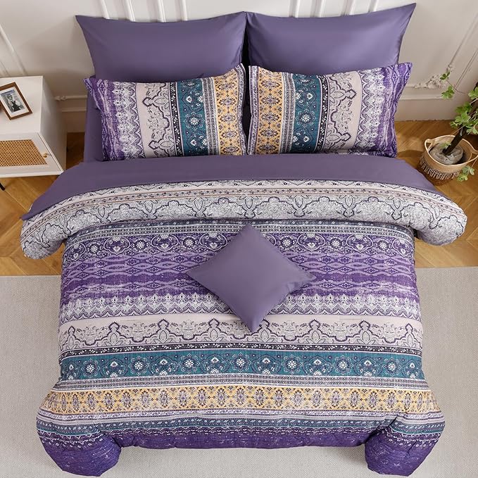 Cottolester Boho Full Comforter Set 8 Pieces,Violet Bohemian Striped Bed in a Bag, Paisley Soft Microfiber Bedding Comforter Set