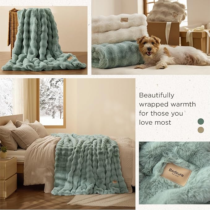 Bedsure GentleSoft Fluffy Fuzzy Sage Green Throw Blanket, Soft Cozy Fleece Faux Fur Blanket for Couch, Spring Green Decor Minky Velvet Bed Cover, Thick Warm Plush Women Men Birthday Gifts