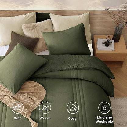 Monbix Fluffy Full Comforter Set Olive Green, Sherpa Plush Fuzzy Comforter 3 Piece for Full Size Bed, Luxury Soft Winter Warm Bedding Set