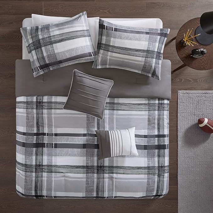 Intelligent Design Rudy Cozy Comforter Casual Cabin Lodge Plaid Design, All Season, Hypoallergenic Cover, Soft Bedding Set with Matching Sham, Decorative Pillow, Black Twin / Twin XL