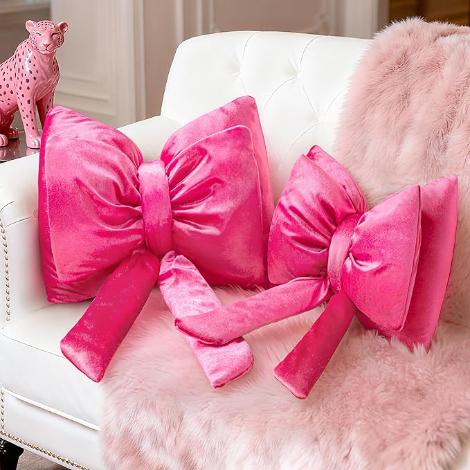 AELS Bow Pillow Decorative Throw Pillow Set of 2, Shining Velvet Cute Pillow Cute Pillow for Valentine's Day, Wedding, Christmas, Living Room, Bedroom, Nursery Decor, Hot Pink