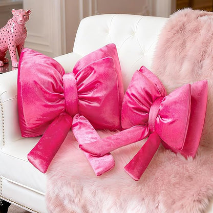 AELS Bow Pillow Decorative Throw Pillow Set of 2, Shining Velvet Cute Pillow Cute Pillow for Valentine's Day, Wedding, Christmas, Living Room, Bedroom, Nursery Decor, Hot Pink