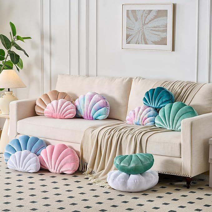 Seashell Decorative Pillow Shell Shaped Throw Pillow 3D Insert Beach Pillow Soft Velvet Pillow Sea Ocean Decoration Couch Bed Pillow Cushions(Pink,14 X 11 inch)