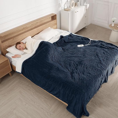 King Size Electric Blanket, Fast Heating Blanket with Dual Controls, 5 Heat Settings, 10-Hour Auto Off, Striped Flannel & Sherpa, FCC/ETL Certified, 90''x100'' Navy Blue