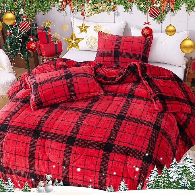 YIYEA Christmas Fluffy King Size Comforter Set, Luxury Faux Fur Comforter, Ultra Soft Plush Fuzzy Velvet Bedding Comforter Sets for Fall Winter, Cozy Warmth, No Shedding, 3PC, King