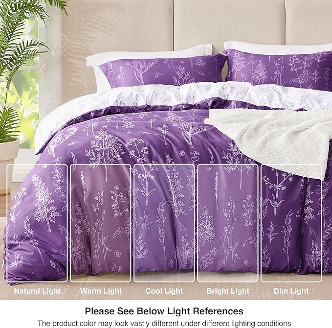 Love's cabin Dark Purple Comforter Set King - King Size Comforter Set, 3 Pieces Cute Floral Bedding Sets for All Seasons,1 Soft Reversible Botanical Flowers Comforter and 2 Pillow Shams