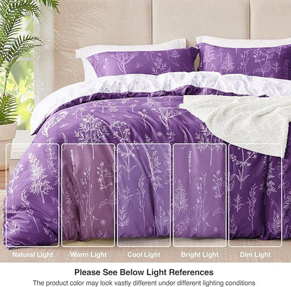 Love's cabin Dark Purple Comforter Set King - King Size Comforter Set, 3 Pieces Cute Floral Bedding Sets for All Seasons,1 Soft Reversible Botanical Flowers Comforter and 2 Pillow Shams